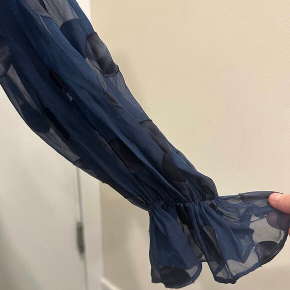 For Love & Lemons Lula Mini Dress Navy Polka Dot Ruched Chiffon Silk Party XS - Picture 6 of 10